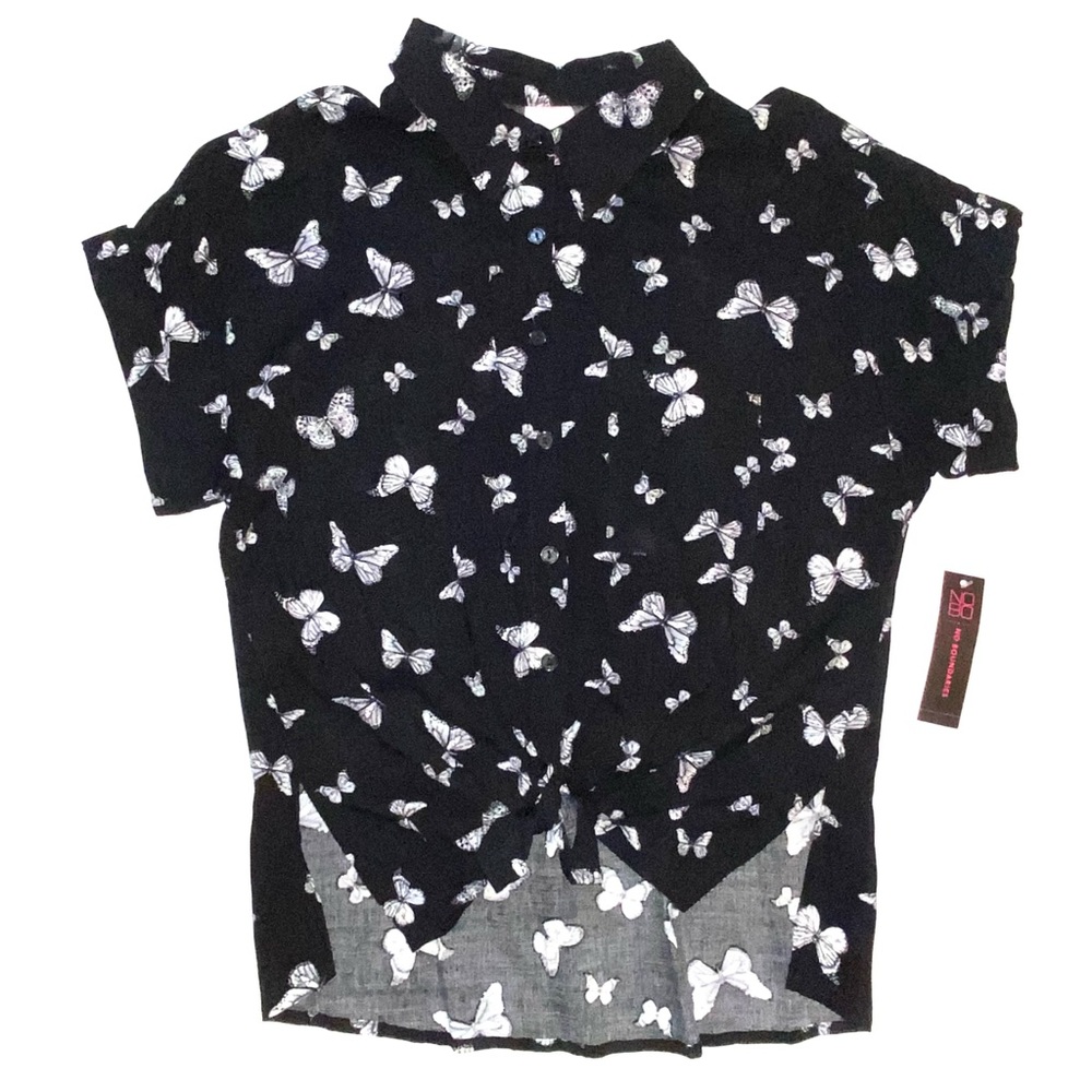Butterfly Black Button-Up Knotted Front Short-Sleeve Tee-Shirt